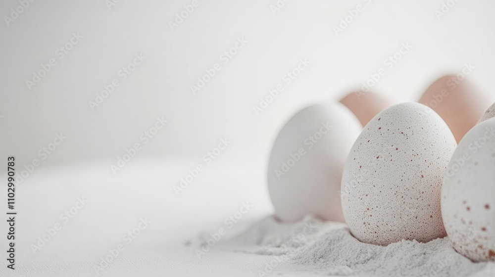 Fresh eggs arranged with a light dusting of flour on a white background showcasing selective focus and natural textures. Fresh eggs arranged with a light dusting of flour on a white background showcasing selective focus and natural textures.