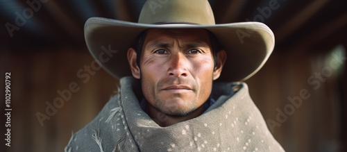 Portrait of a man in traditional poncho and hat showcasing rural lifestyle and cultural heritage in an outdoor setting. photo