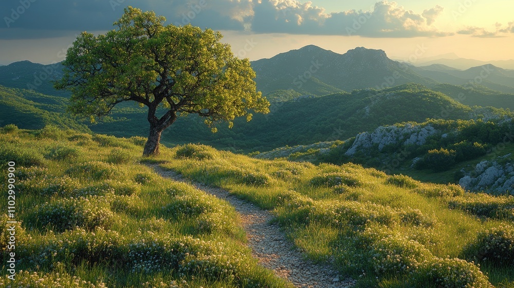 Fototapeta premium Springtime hillside landscape featuring a solitary tree amidst lush greenery and blooming shrubbery under a cloudy sky.