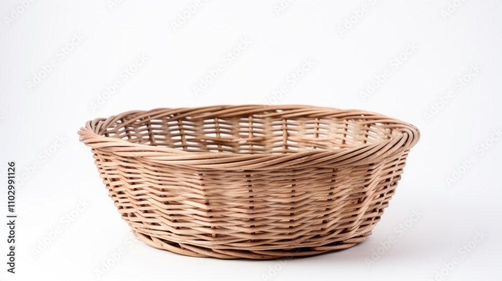 Empty natural wicker basket on a clean white background showcasing its texture and design ideal for home decor or storage concepts Empty natural wicker basket on a clean white background showcasing its texture and design ideal for home decor or storage concepts