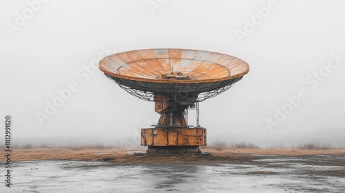 Rusty satellite dish antenna prominently displayed against a foggy backdrop showcasing technology's decline and nature's reclamation