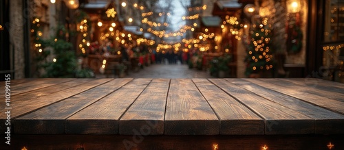 Festive blurred market background with empty wooden tabletop for display or montage ideal for seasonal holiday presentations and marketing