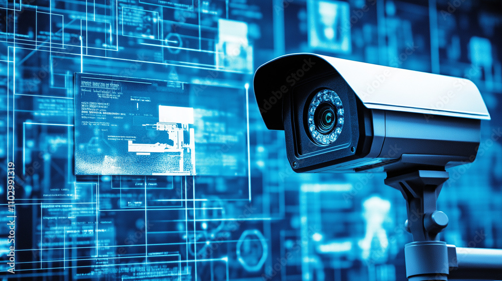 Cybersecurity Surveillance: A close-up of a sophisticated security camera against a backdrop of complex digital schematics, symbolizing advanced surveillance technology and data protection. Cybersecurity Surveillance: A close-up of a sophisticated security camera against a backdrop of complex digital schematics, symbolizing advanced surveillance technology and data protection.