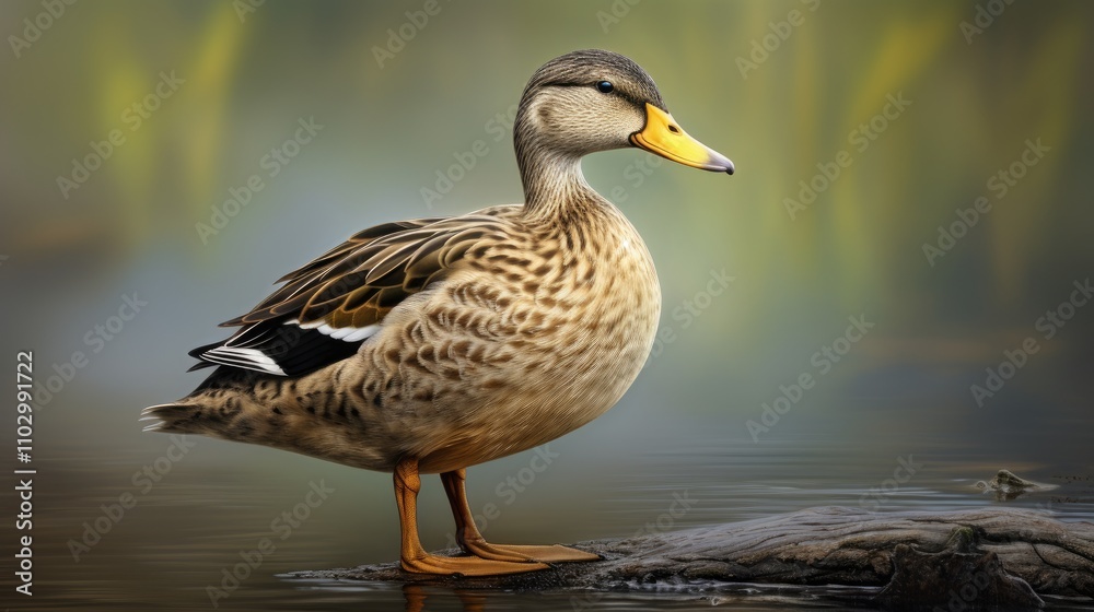 Mallard Female Duck Standing Gracefully by Tranquil Water with Soft Focus Background in Natural Habitat Mallard Female Duck Standing Gracefully by Tranquil Water with Soft Focus Background in Natural Habitat