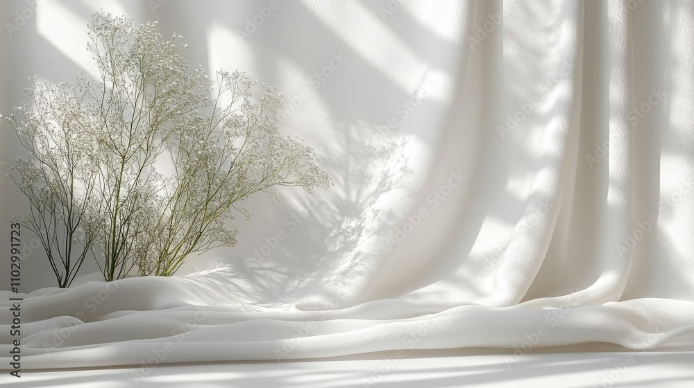 Obraz premium Fennel seeds arranged artistically on a soft white backdrop with delicate floral shadows creating an elegant and serene composition