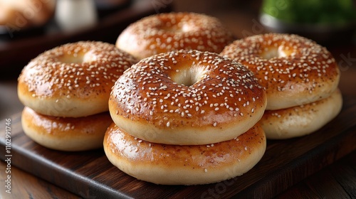 Sesame seed topped bagels displayed on a wooden board showcasing their golden brown crust and soft texture. Perfect for breakfast or brunch. photo