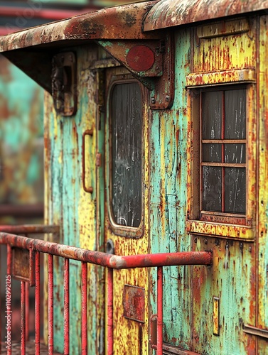 A vibrant close-up of a vintage train caboose, featuring its rusted metal textures and wooden accents, captures the unique design and rich history of this iconic piece.