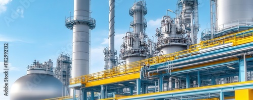 Oil refinery concept. A chemical processing unit within an oil refinery, featuring advanced reactors and high precision equipment