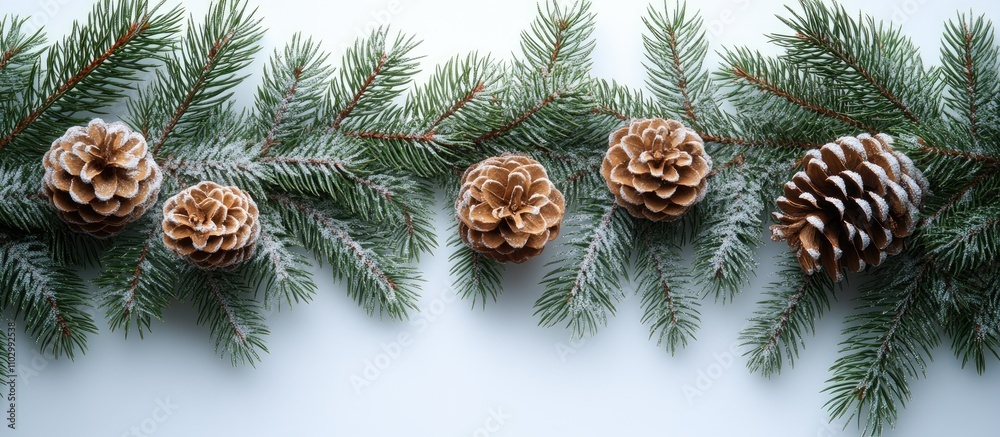 Evergreen fir tree branches with pinecones creating a festive New Year decoration for a winter holiday backdrop design Evergreen fir tree branches with pinecones creating a festive New Year decoration for a winter holiday backdrop design