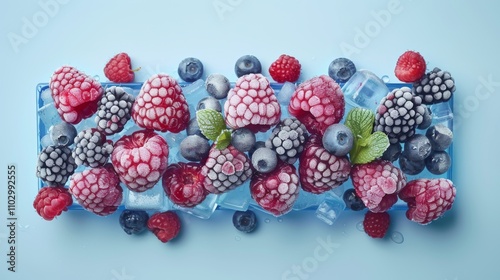 Frozen berries, fruites on blue background. Raspberry, strawberry, blackberry. Healthy treats, summer recipes concept. photo