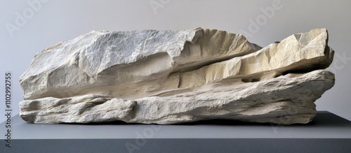 Unique geological stone formation with textured surfaces displayed on a neutral background showcasing natural artistry and mineral patterns. photo