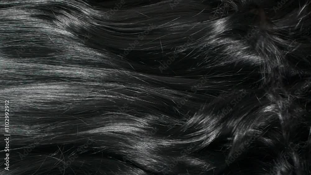 Closeup beautiful female black long curly hair texture background in slow motion