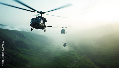 Military helicopters fly in formation over misty landscape, showcasing precision and coordination in rapid deployment mission. scene captures essence of tactical aviation photo