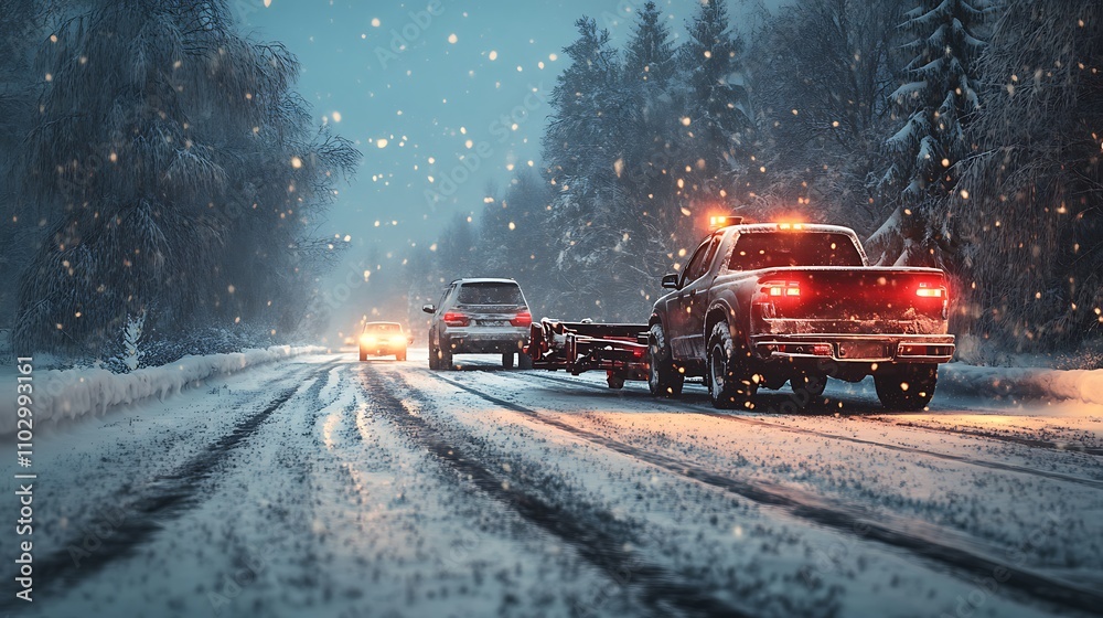 Obraz premium Tow truck rescuing a broken-down SUV on a snowy highway, snow covering the road, tire tracks visible, frost on the vehicles, cold blue light of winter day, detailed textures, cinematic realism,