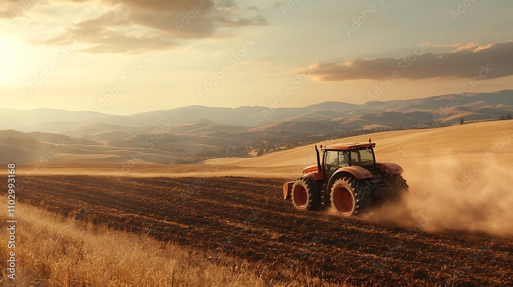 Fototapeta premium Tractor in action on a sloping field, turning over dark, nutrient-rich soil, rolling hills in the background, sun casting warm light, dust creating a hazy effect, intricate machinery details,