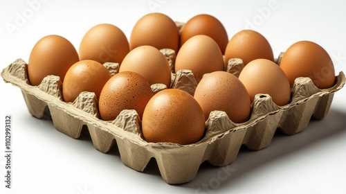 Fresh chicken eggs in a recycled cardboard container showcasing sustainability and eco-friendly packaging solutions photo