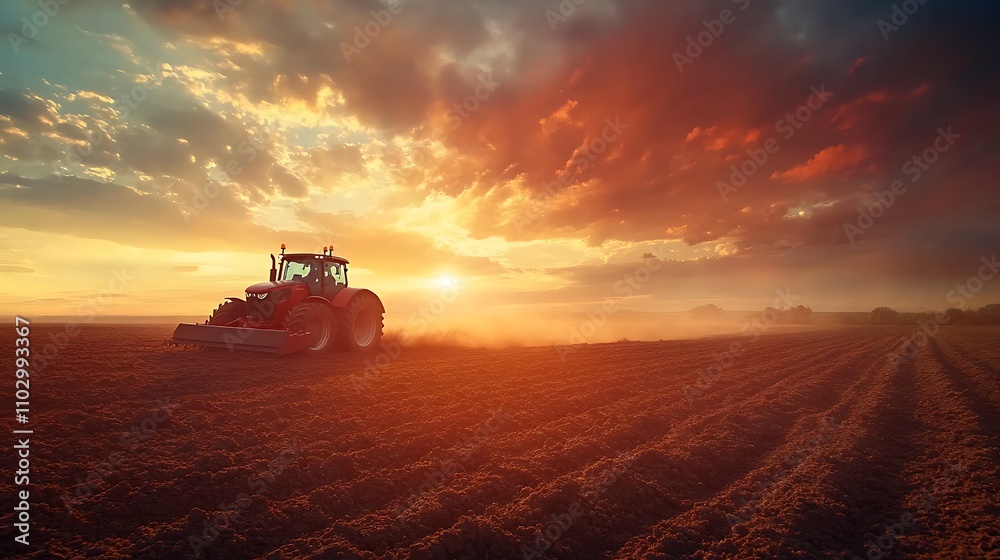 Fototapeta premium Wide-angle shot of a tractor plowing an endless field, soil being overturned with precision, sun rays piercing through clouds, vibrant colors, dynamic composition, photorealistic finish, hd quality.