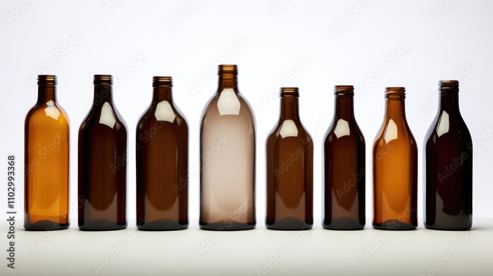 Collection of various brown glass bottles arranged in a line on a white background showcasing different shapes and sizes for product design. Collection of various brown glass bottles arranged in a line on a white background showcasing different shapes and sizes for product design.