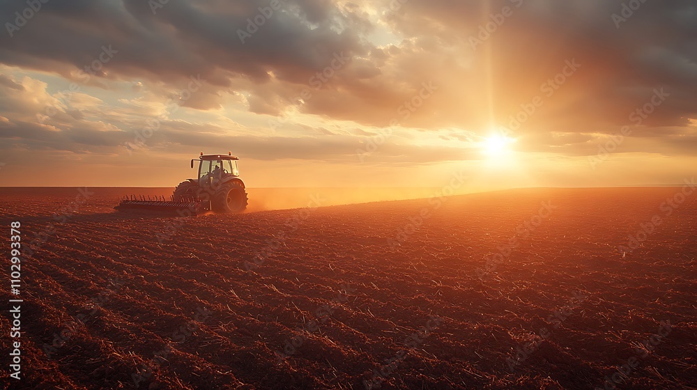 Fototapeta premium Wide-angle shot of a tractor plowing an endless field, soil being overturned with precision, sun rays piercing through clouds, vibrant colors, dynamic composition, photorealistic finish, hd quality.