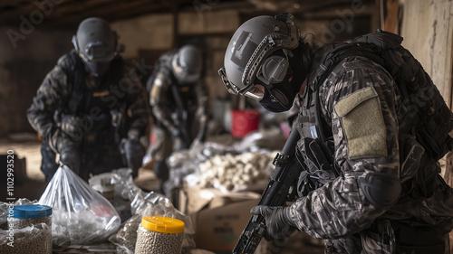 police raid on hidden drug lab showcases intense operation as officers in tactical gear secure evidence and ensure safety