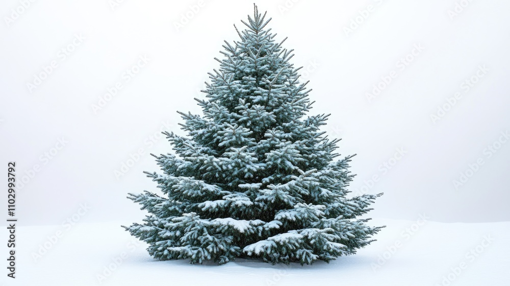 Snow-covered Christmas tree isolated on white background perfect for holiday decorations and seasonal themes.