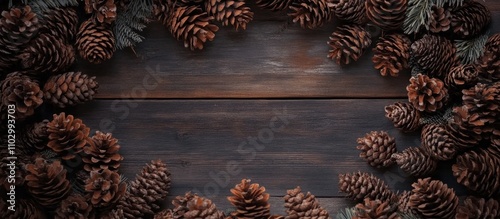 Rustic pine cone wreath with evergreen accents on a dark wooden backdrop creating a cozy Christmas atmosphere and seasonal charm photo