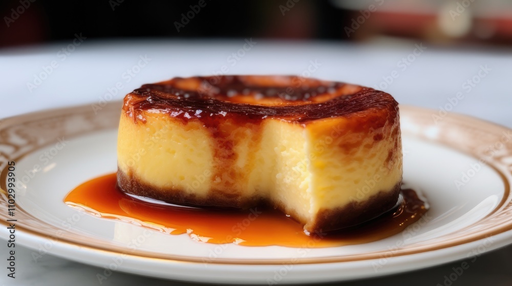 Basque Burnt Cheesecake elegantly displayed on a decorative plate with caramel drizzle on a marble table setting Basque Burnt Cheesecake elegantly displayed on a decorative plate with caramel drizzle on a marble table setting