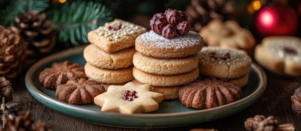 Festive holiday cookies beautifully arranged on a rustic wooden table with pine cones and nuts for a cozy winter atmosphere Festive holiday cookies beautifully arranged on a rustic wooden table with pine cones and nuts for a cozy winter atmosphere