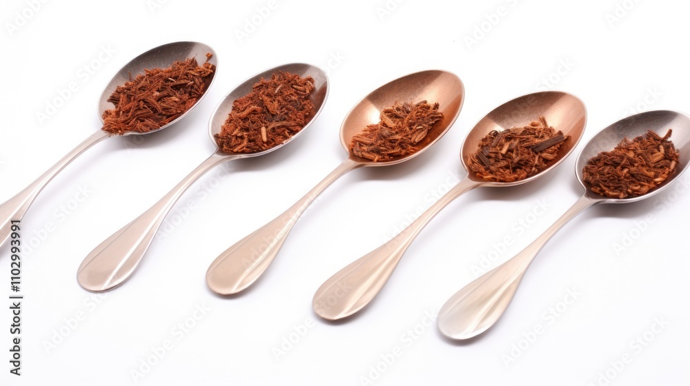 Obraz premium Rooibos tea displayed in wooden spoons arranged in a row on a clean white background showcasing its distinct color and texture.