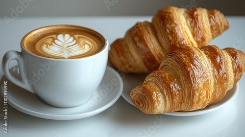 Coffee and croissants arranged on a white background perfect for breakfast or brunch themed promotions. photo