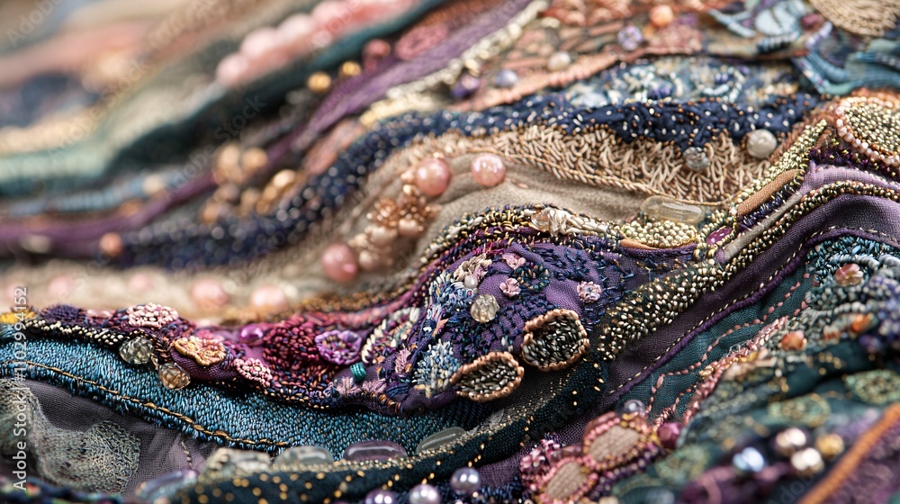 Obraz premium This close-up showcases the exquisite craftsmanship of textile art through intricate patterns, rich textures, and delicate beadwork.