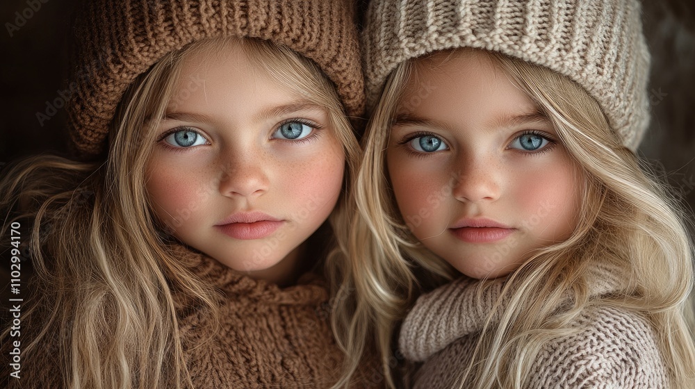Two young girls in stylish knit hats capturing innocence and friendship in a warm and cozy studio portrait setting. Two young girls in stylish knit hats capturing innocence and friendship in a warm and cozy studio portrait setting.