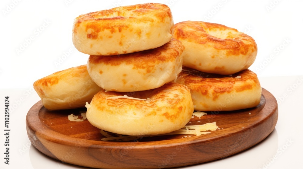 Stack of golden brown cheese breads on a wooden plate against a clean white background showcasing delicious baked goods. Stack of golden brown cheese breads on a wooden plate against a clean white background showcasing delicious baked goods.