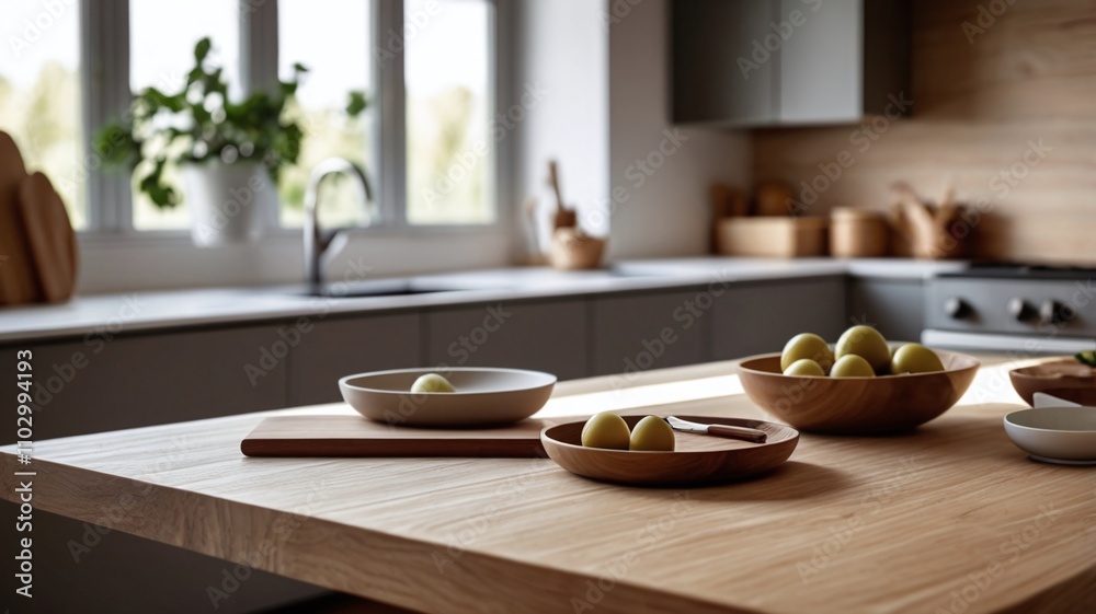 A wooden table with a raw, textured surface in sharp focus, with a contemporary kitchen bench and utensils softly blurred in the background for a homey ambiance A wooden table with a raw, textured surface in sharp focus, with a contemporary kitchen bench and utensils softly blurred in the background for a homey ambiance