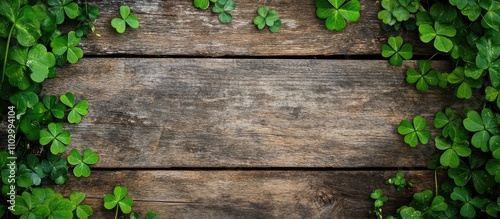 Shamrock border on rustic wooden background ideal for St. Patrick's Day or nature-themed designs and invitations.