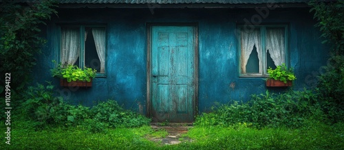 Rustic blue door of an abandoned cottage surrounded by greenery with curtains in windows reflecting decay and charm of old architecture