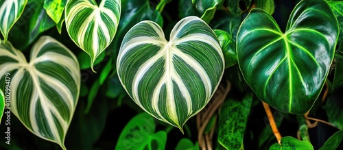 Philodendron Birkin plants with striking green and white striped leaves in a tropical nature setting showcasing decorative foliage beauty photo