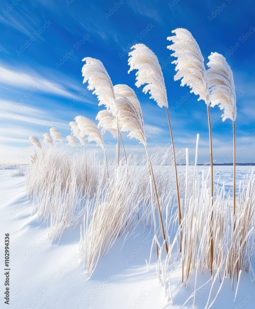 Obraz premium Winter Wonderland: Frozen Plants in Snowy Field