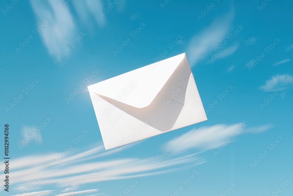 Minimalist white envelope floating in blue sky with soft clouds and sunlight creating a serene and modern aesthetic