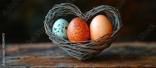 Heart-shaped wire basket with colorful chicken and quail eggs on rustic wooden surface showcasing a charming and organic decoration.