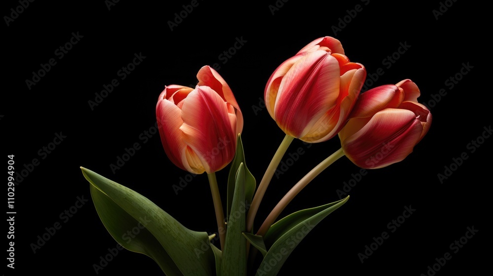 Vibrant tulip bouquet with red and yellow petals elegantly displayed against a black background showcasing floral beauty and contrast Vibrant tulip bouquet with red and yellow petals elegantly displayed against a black background showcasing floral beauty and contrast