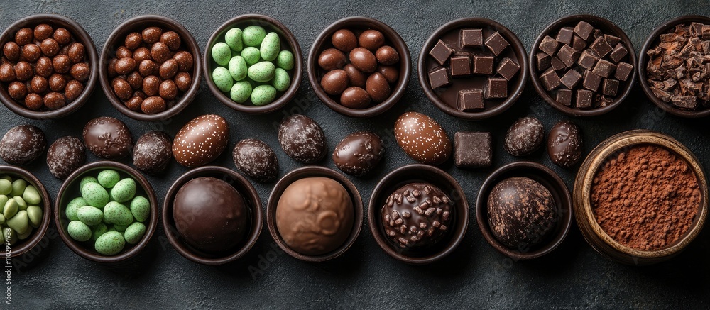 Chocolate Easter treats with colorful candies and various chocolates arranged in bowls on a textured surface flat lay top view. Chocolate Easter treats with colorful candies and various chocolates arranged in bowls on a textured surface flat lay top view.