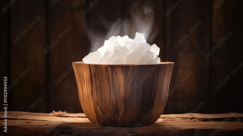 Camphor crystals emitting steam in a rustic wooden bowl with a textured wooden backdrop showcasing natural aesthetics and warmth Camphor crystals emitting steam in a rustic wooden bowl with a textured wooden backdrop showcasing natural aesthetics and warmth
