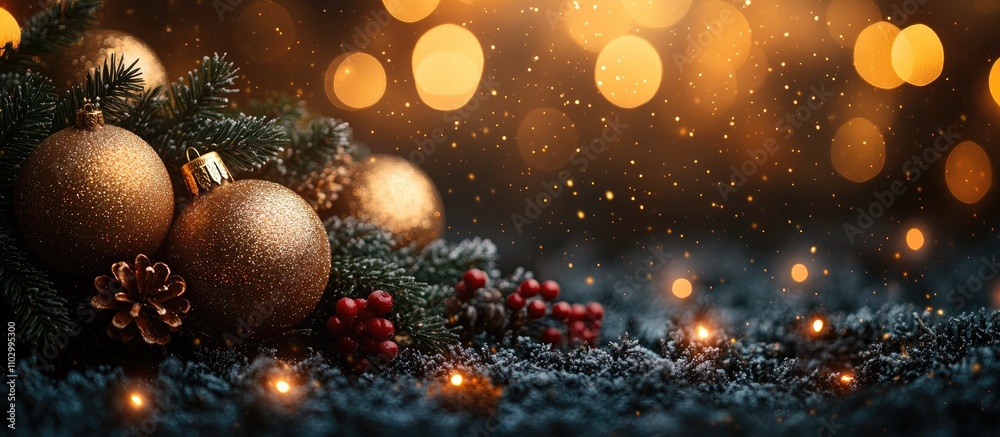 Festive Christmas backdrop with fir tree, golden ornaments, red berries, and sparkling bokeh lights for a warm holiday atmosphere