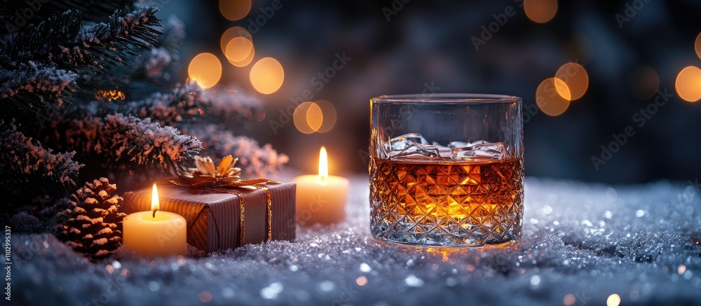Festive Christmas arrangement with whiskey glass candles gift box and Christmas tree against a shimmering holiday backdrop Festive Christmas arrangement with whiskey glass candles gift box and Christmas tree against a shimmering holiday backdrop