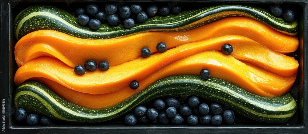 Obraz premium Colorful arrangement of delicata squash and blueberries in a modern display for seasonal food marketing and culinary presentations