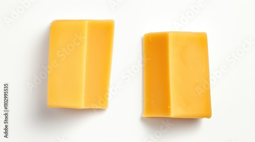 Two rectangles of cheddar cheese displayed on a clean white background showcasing texture and color for culinary or commercial use.