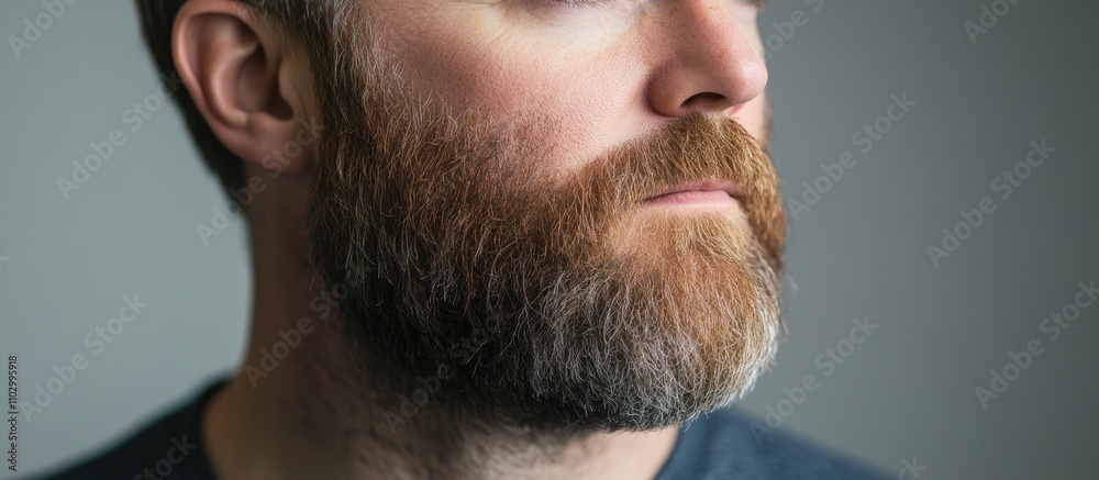 Bearded man in profile showcasing a thoughtful expression against a soft grey background in a studio setting Bearded man in profile showcasing a thoughtful expression against a soft grey background in a studio setting