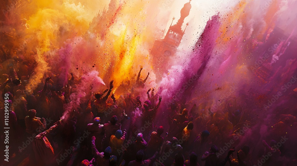 Fototapeta premium The Holi festival celebrates spring as joyful revelers in a bustling urban setting enthusiastically toss colorful powders, embodying unity and cheer.