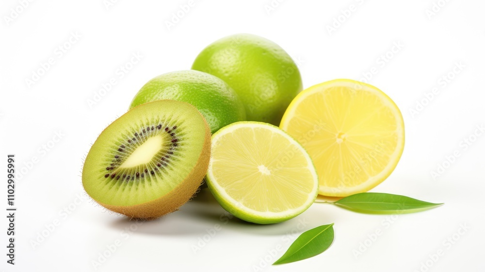 Freshly sliced lime lemon and kiwi fruits arranged artfully on a clean white background showcasing vibrant colors and natural textures. Freshly sliced lime lemon and kiwi fruits arranged artfully on a clean white background showcasing vibrant colors and natural textures.